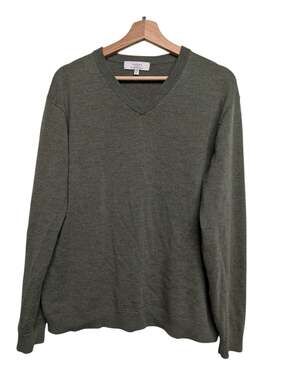 Turnbury Men's Sweater Olive Green VNeck 100% Extra Fine Merino Wool Sz L
